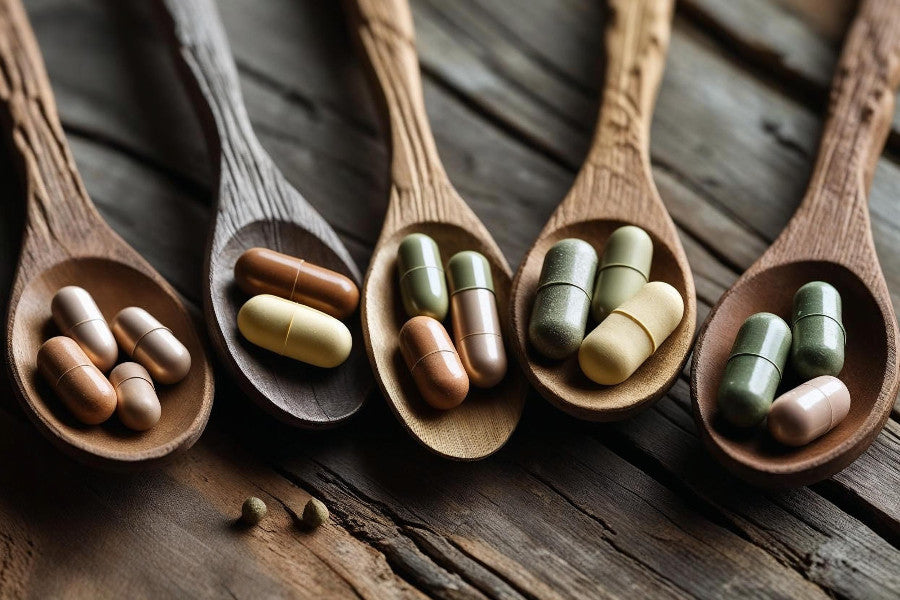 Mythen rund um Nahrungsergänzungsmitteln - Bild mit Löffeln mit Kapseln darauf